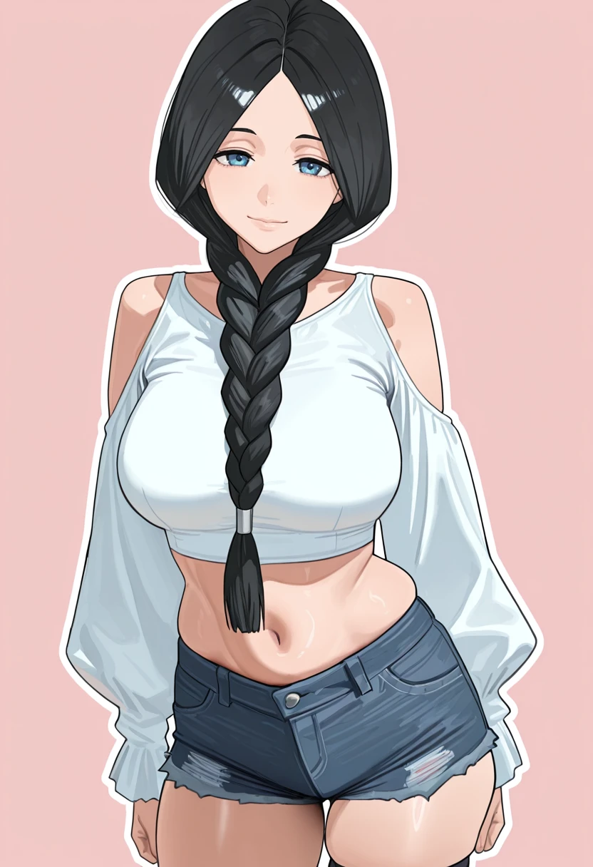 masterpiece, best quality,  
1girl, solo,
standing,
looking at viewer, light smile,
simple background, pink background, white outline,
<lora:Hintobento:0.7> h1nt0b3nt0sknsfw,
<lora:Unohana_Retsu:1> 0n0h4n4r3ts0, black hair, braid, long hair, hair over shoulder, blue eyes, single braid,
denim shorts, white crop top, navel, shoulder cutout, long sleeves, puffy sleeves, , skin tight,