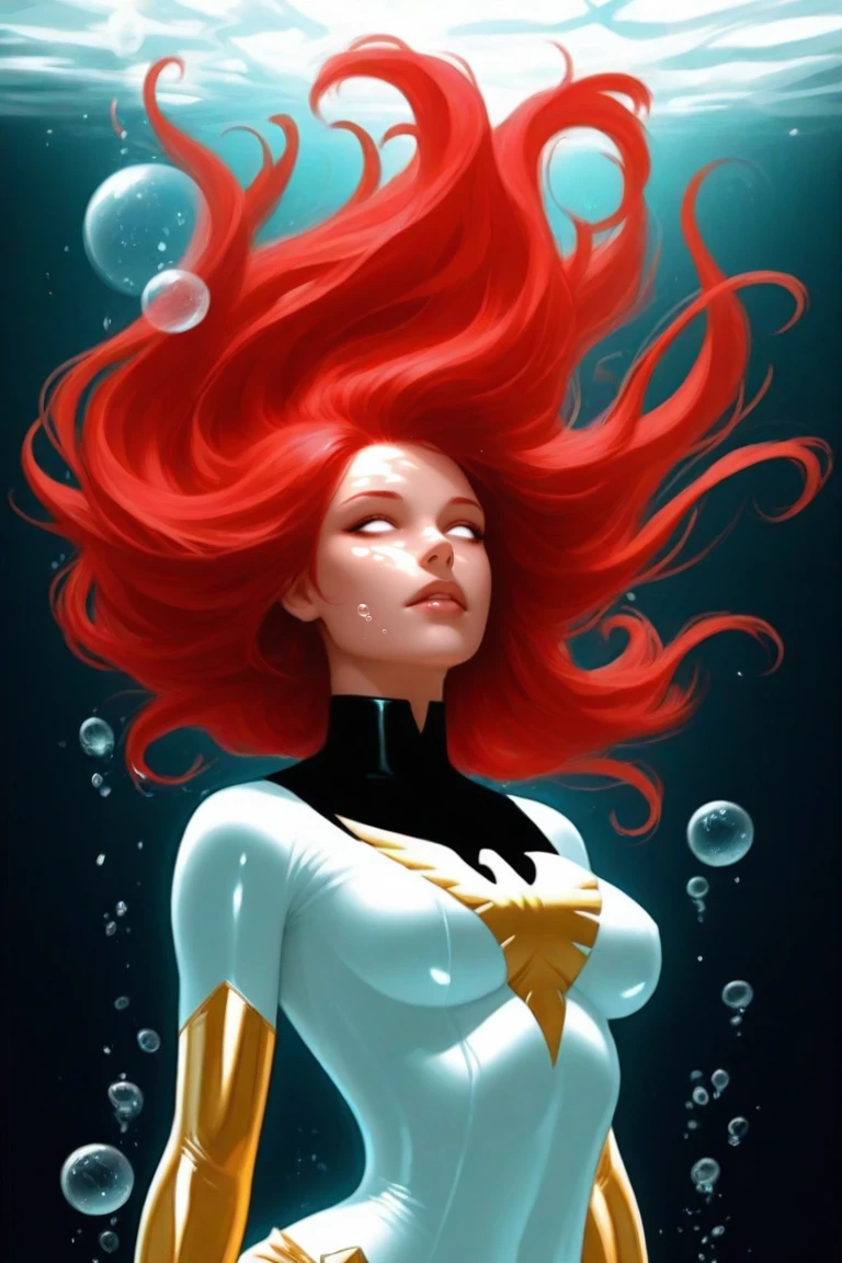 WhitePhoenix,1girl, solo, , white eyes, no pupils, long hair, elbow gloves, floating hair, blank eyes, , gloves, red hair, lips, , bubble, air bubble