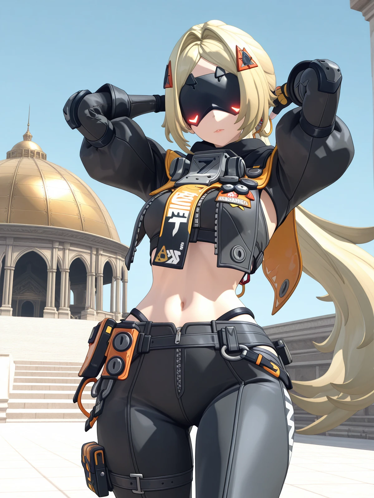 masterpiece, best quality, amazing quality,, <lora:zzz-trigger-ingame-illustriousxl-lora-nochekaiser:1>, trigger, trigger (zenless zone zero), blonde hair, covered eyes, eye mask, hair intakes, hair ornament, long hair, parted bangs, ponytail, very long hair, mature female, small breasts, 3d, black gloves, black pants, crop top, fingerless gloves, juliet sleeves, knee pads, leggins, long sleeves, midriff, navel, puffy sleeves, zipper pull tab, hands behind head,, mosque, dome, prayer, holy, architecture, cowboy shot, solo, looking at viewer,