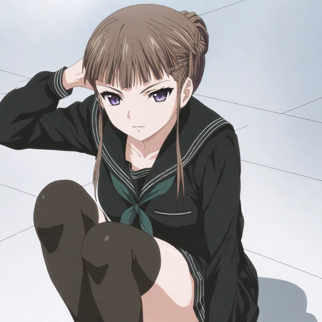 masterpiece,high score,great score,absurdres,anime coloring,looking at viewer,solo,<lora:NemuManaka hassakuill30:1> nemumanaka, brown hair, hair bun, sidelocks, purple eyes,black serafuku,skirt,thighhighs,