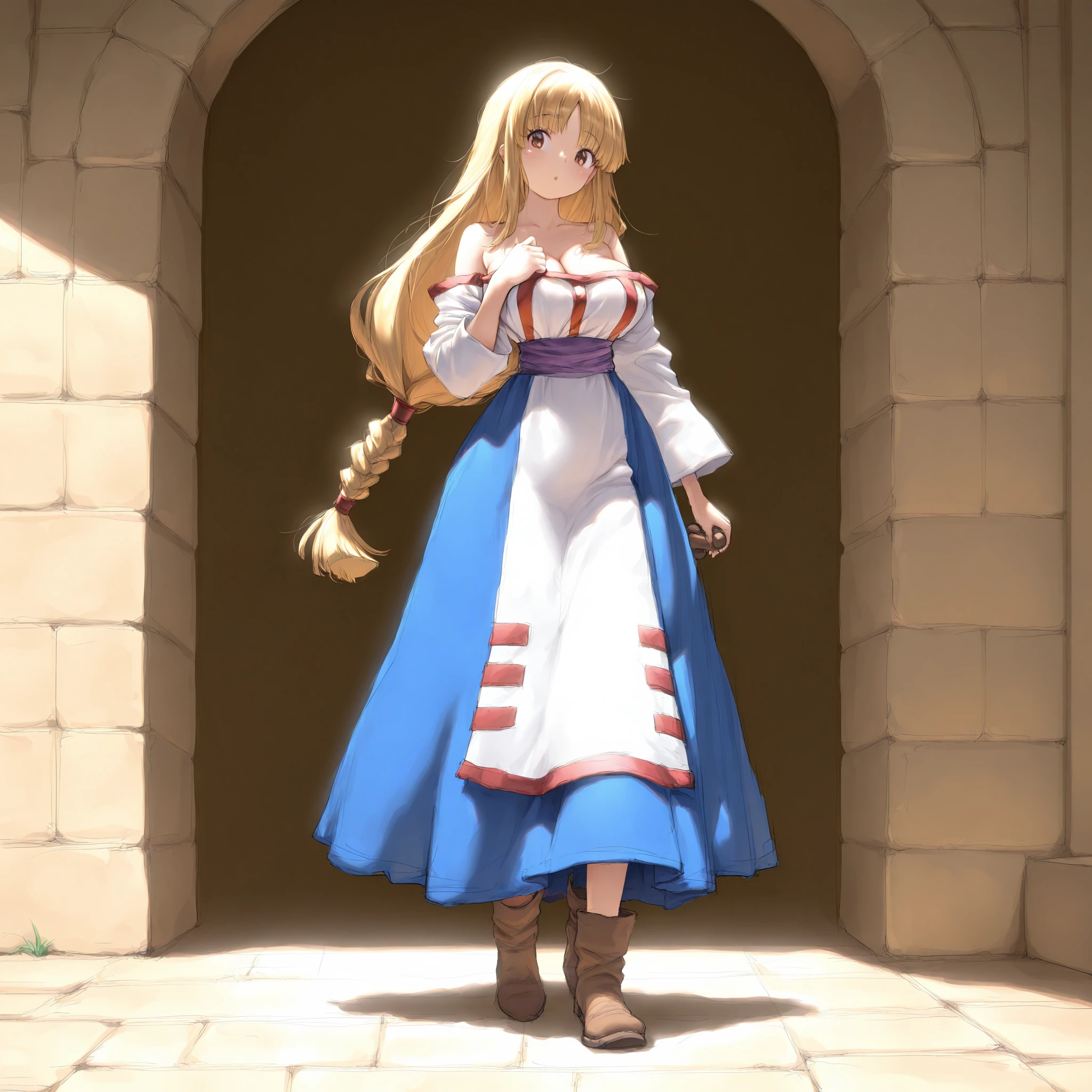 1girl,<lora:Arcthelad_liezaV1.0_illustrious:1>,arc_lieza,long hair,blonde hair,brown eyes,single braid,low-braided long hair,large breasts,cleavage ,white dress, wide sleeves,red trim,long skirt,red stripes,bare shoulders ,apron dress,purple sash, boots,brown footwear,, masterpiece, best quality, amazing quality, newest,detailed face, beautiful eye