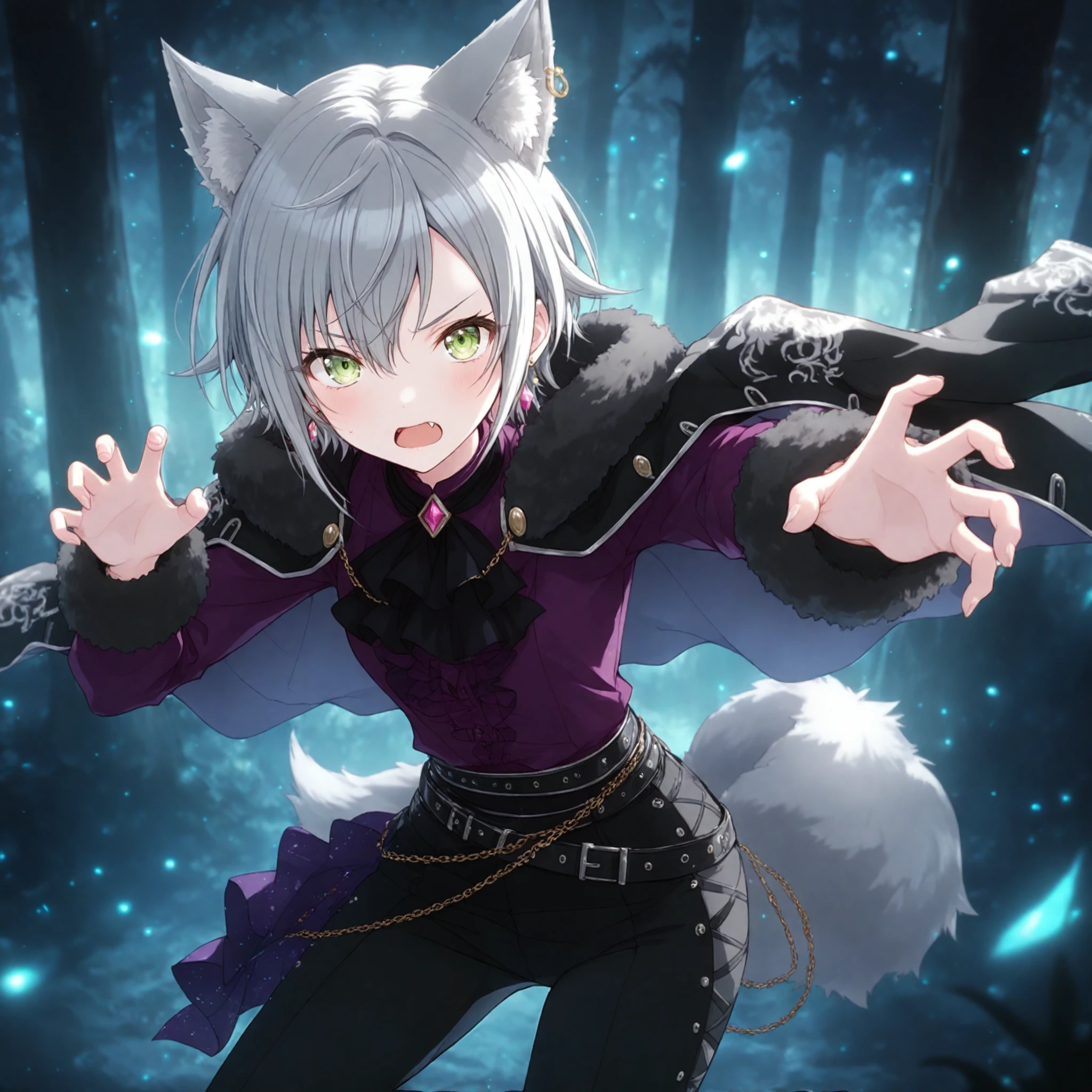 1girl, hinomori shiho, project sekai, solo,
wolfcloak, green eyes, detailed eyes, grey short hair, serious, open mouth, v-shape eyebrow, wolf ear, hair over ear, fang,
looking at viewer, jumping, floating in the air, leaning forward, reaching forward, claw pose, four fingers and thumb, cowboy shot, legs apart, heel up,
wolf ears, wolf tail, black pants, long sleeves, purple shirt, wolf girl, fur trim, animal ear fluff, black jacket, chain, black cape, black ascot, black belt, earrings, animal ear piercing, jacket on shoulders,
dark, deep forest, midnight, beautiful starry sky, depth of field,
nijistyle, jwst, masterpiece, amazing quality, very aesthetic, ultra detailed, highres,
<lora:hand 5.5:1>, <lora:ObIL-style-nijistyle02:0.7>, <lora:ObIL-style-JWST02:0.3>,
<lora:ObIL-leo-WolfsDarkCloak01:0.6>