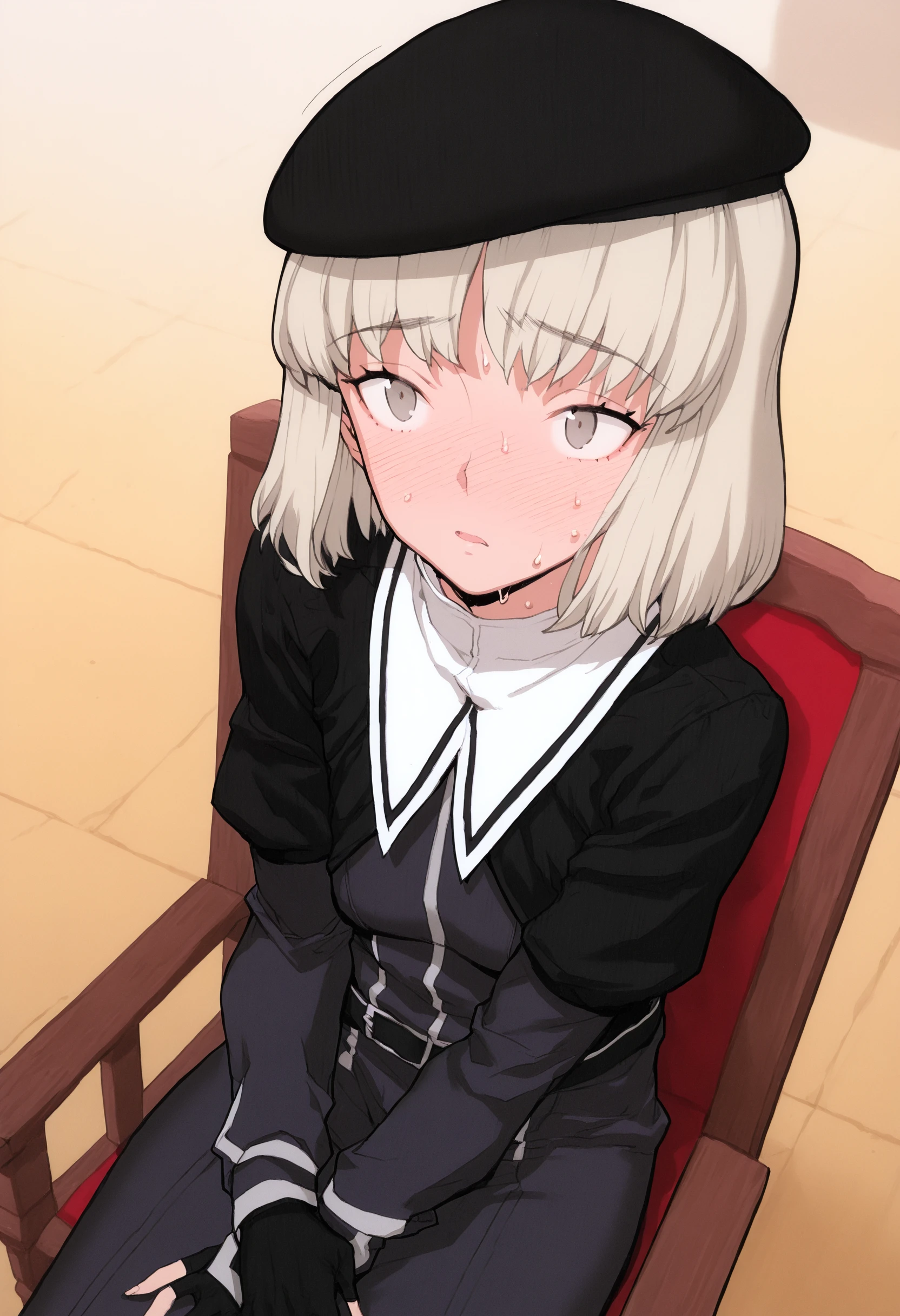 hat, blush, 1girl, short hair, sweat, solo, sitting, beret, chair, fingerless gloves, gloves, long sleeves, lord of trash
<lora:a-10_lord_of_trash_v2_030:1.5>, masterpiece, best quality, highres, absurdres