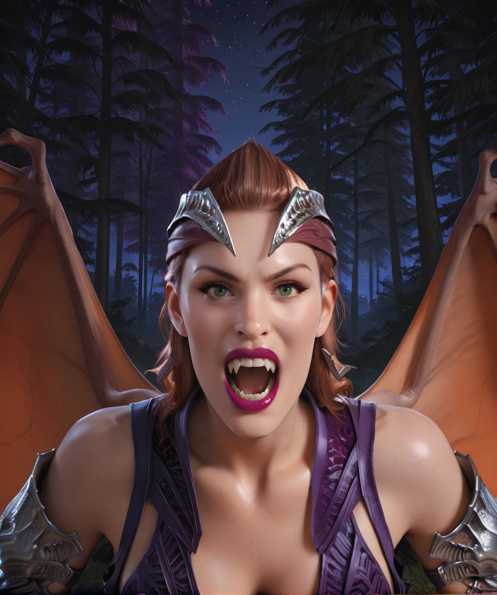 score_9, score_8_up, score_7_up, score_6_up, score_5_up, score_4_up,
nitaraxl, brown hair, green eyes, mullet, tiara, lipstick,
open mouth, wings, vampire teeth,
silver armor, tiara, purple attire, looking at viewer,
night, forest, close up,
<lora:nitaraMK1xl-12v1-ILL:1>,