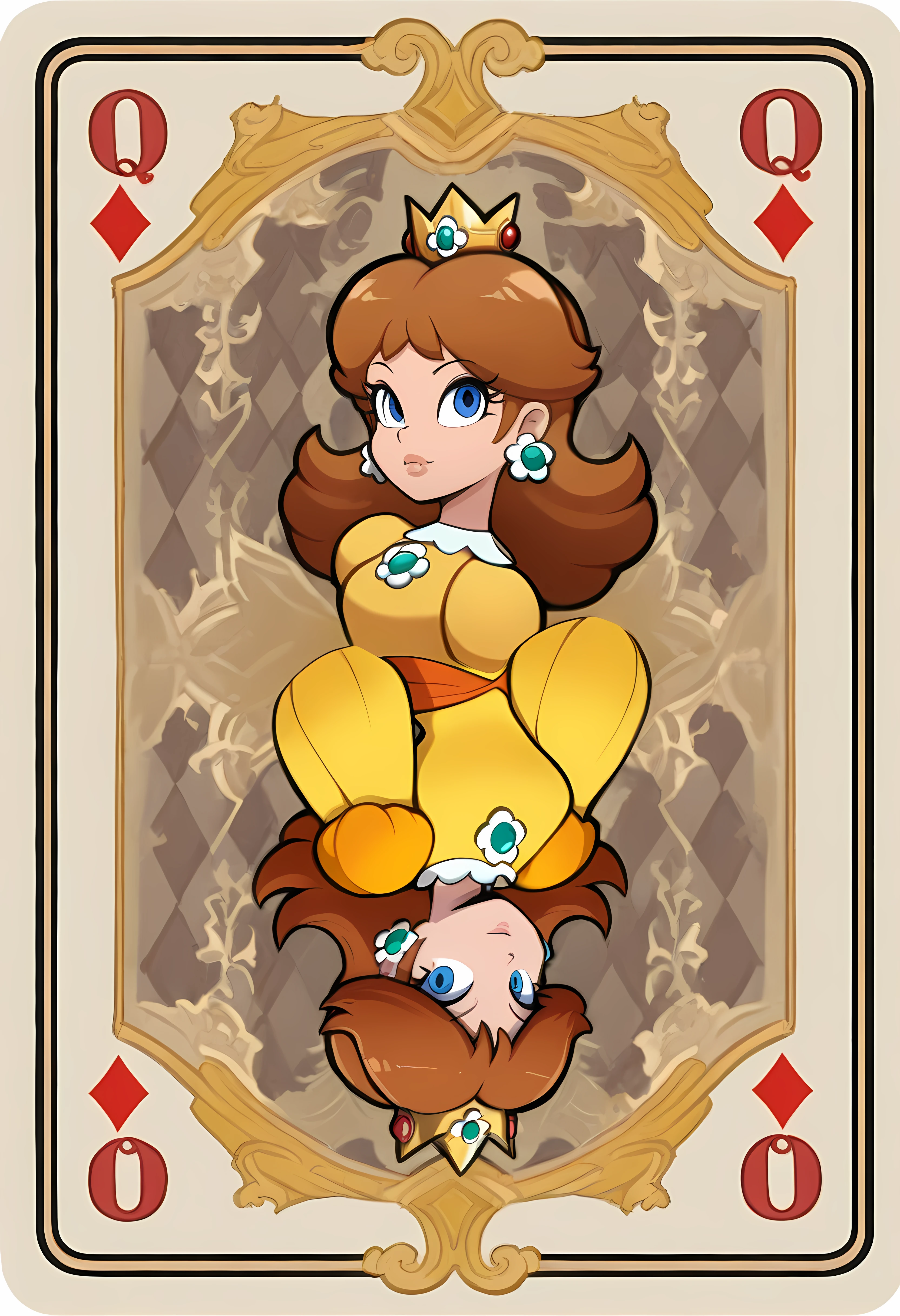 Masterpiece, newest, perfect quality, best quality, 1girl, solo, princess daisy, c4rd, card (medium), playing card, rotational symmetry, diamonds (shape), queen_of_diamonds_(playing_card)