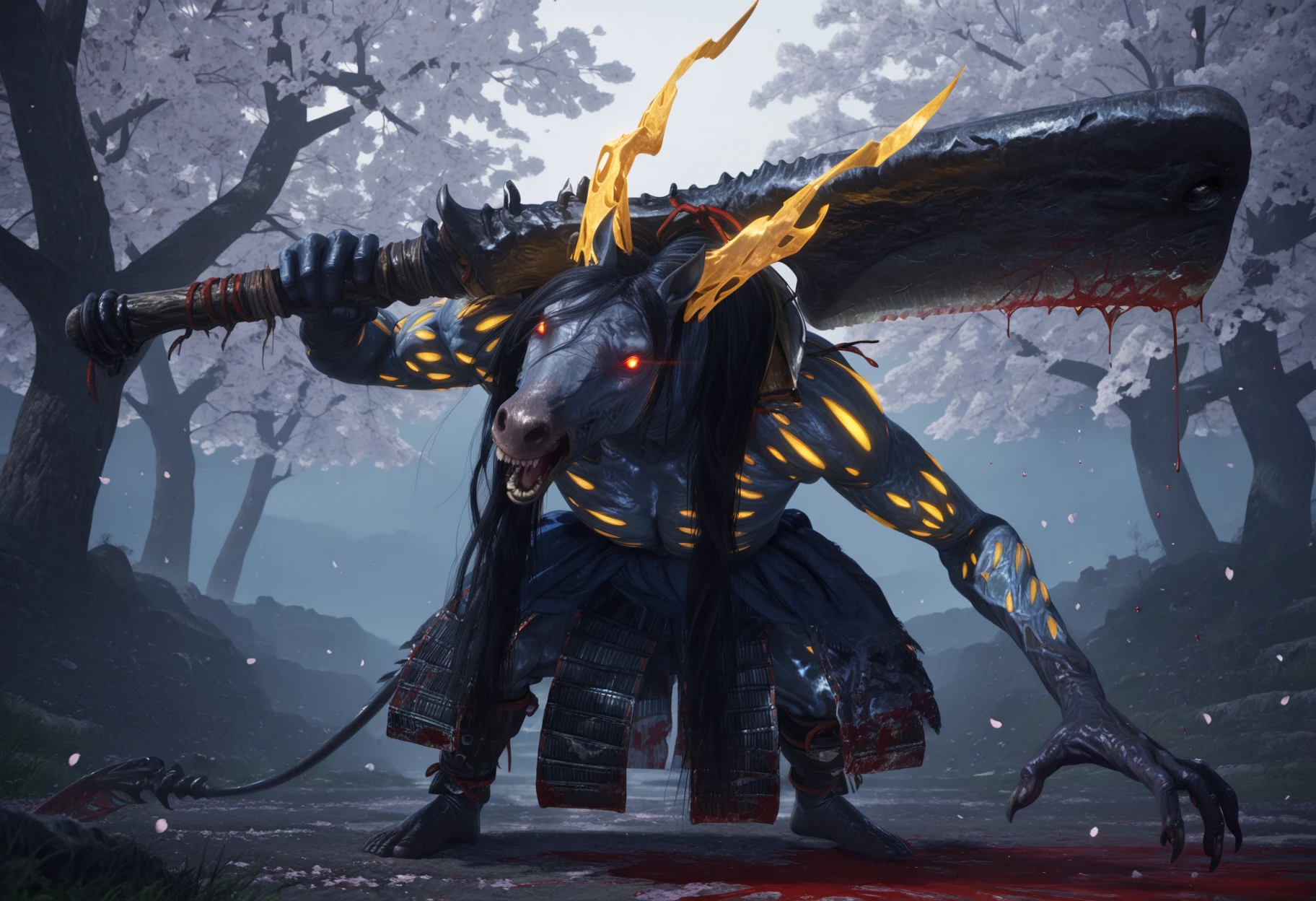 masterpiece, best quality, perfect quality, absurdres, newest, very aesthetic, very awa, detailed face, 1boy, MezukiNIOH, horse, furry male, demon, undead, black hair, grey skin, yellow body pattern, golden horns, long hair, no humans, solo, teeth, fangs, glowing red eyes, tail, arms out, roaring, cherry blossoms, outdoors, holding weapon over shoulder, giant cleaver, standing, full body, blood <lora:Mezuki_-_Nioh_2:.9>  <lora:NOOB_vp1_detailer_by_volnovik_v1:1>