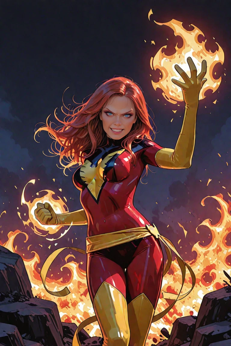 a piece, worst quality, not very good, least aesthetic, DarkPhoenix, 1girl, solo, long hair, looking at viewer, thighhighs, gloves, , blue eyes, red hair, boots, elbow gloves, lips, , makeup, thigh boots, fire, clenched hand, skin tight, magic, superhero, thigh boots, yellow gloves, yellow thighhighs, red , yellow , yellow belt, phoenix symbol, yellow waist ribbon, red , yellow boots, outdoors, backlighting, side lighting, very beautiful, very detailed, amazing quality, comic art style, angry, smile, teeth