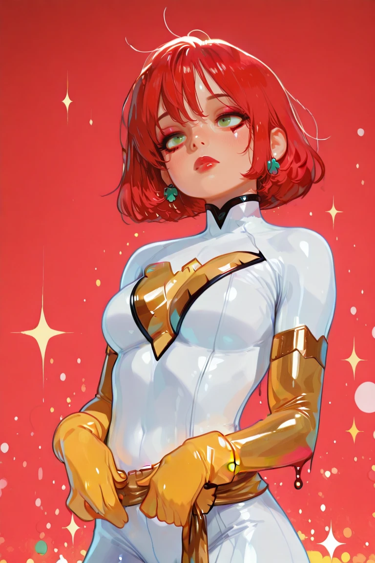 WhitePhoenix, 1girl, solo, red hair, realistic, short hair,  messy hair, gloves, , makeup, yellow gloves, cosplay, elbow gloves, lipstick, superhero, looking at viewer, white , green eyes, red lips, , cosplay, masterpiece,best quality,amazing quality