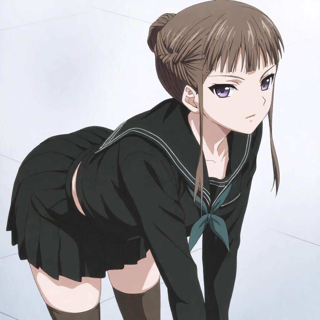 masterpiece,high score,great score,absurdres,anime coloring,looking at viewer,solo,<lora:NemuManaka hassakuill30:1> nemumanaka, brown hair, hair bun, sidelocks, purple eyes,black serafuku,skirt,thighhighs,