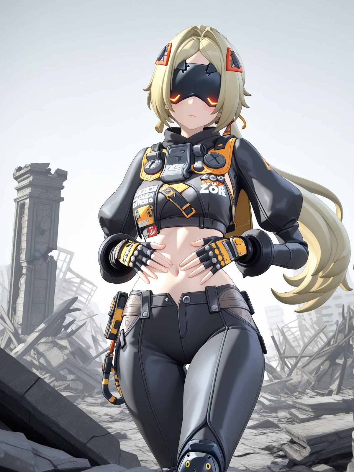 masterpiece, best quality, amazing quality,, <lora:zzz-trigger-ingame-illustriousxl-lora-nochekaiser:1>, trigger, trigger (zenless zone zero), blonde hair, covered eyes, eye mask, hair intakes, hair ornament, long hair, parted bangs, ponytail, very long hair, mature female, small breasts, 3d, black gloves, black pants, crop top, fingerless gloves, juliet sleeves, knee pads, leggins, long sleeves, midriff, navel, puffy sleeves, zipper pull tab, hands on stomach, blush,, ruins, old, stone, history, fallen, cowboy shot, solo, looking at viewer,