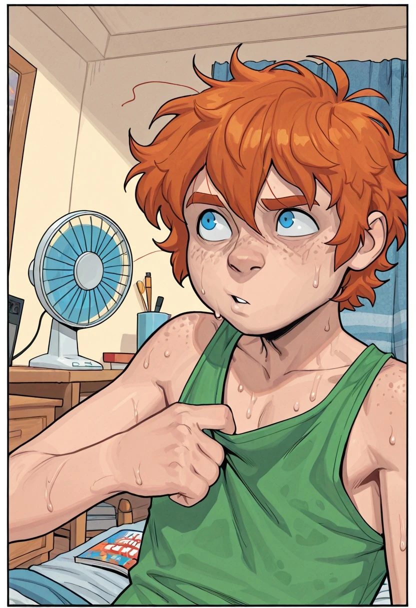 1boy, male focus, solo, Bailey Briggs, orange hair, Ginger Hair, Messy Hair, freckles, blue eyes, tanktop, bedroom, messy bedroom, upper body focus, sweaty, eletric fan, hot, sunny, comic book coloring, vibrant colors, masterpiece, best quality, amazing quality, very aesthetic, absurdres, newest, detailed background, cute boy, very awa