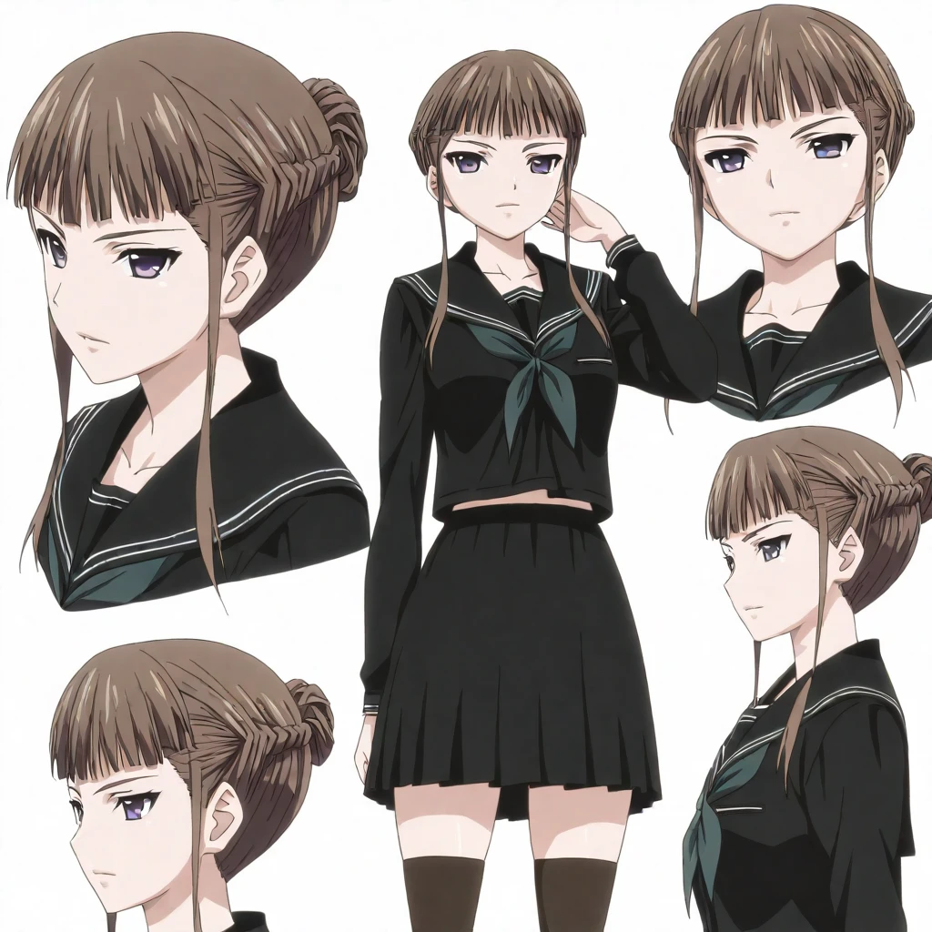 masterpiece,high score,great score,absurdres,anime coloring,looking at viewer,solo,<lora:character_Sheet_XL:0.5> character sheet, multiple views, white background,<lora:NemuManaka hassakuill30:1> nemumanaka, brown hair, hair bun, sidelocks, purple eyes,black serafuku,skirt,thighhighs,