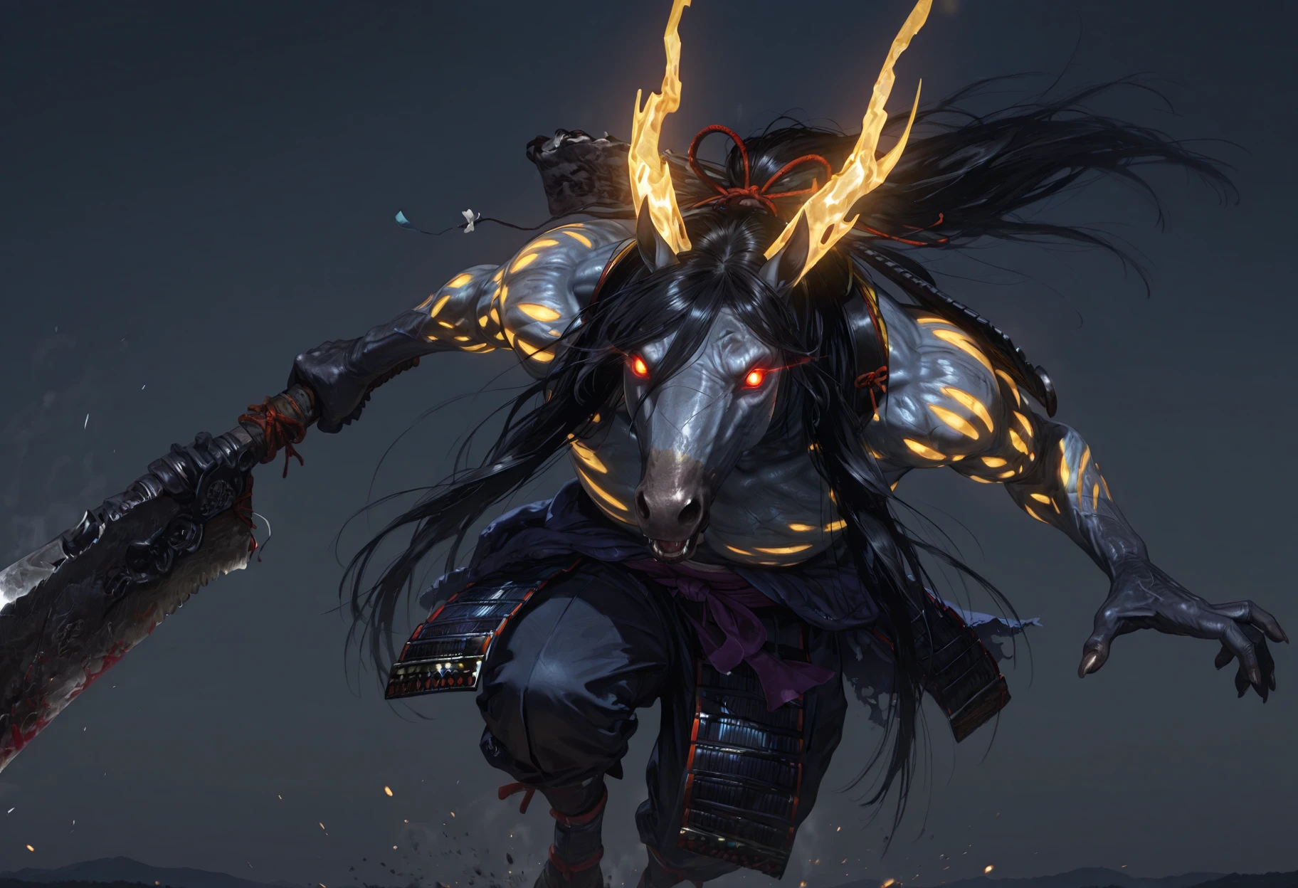 masterpiece, best quality, perfect quality, absurdres, newest, very aesthetic, very awa, 1boy, MezukiNIOH, horse, furry male, undead, demon, long black hair, anthro, grey skin, yellow body pattern, golden horns, no humans, solo, fangs, glowing red eyes, muscular, Japanese armor, giant cleaver, weapon, dynamic, (glowing demonic aura), swinging weapon, jumping skyward, sky <lora:Mezuki_-_Nioh_2:.8>
