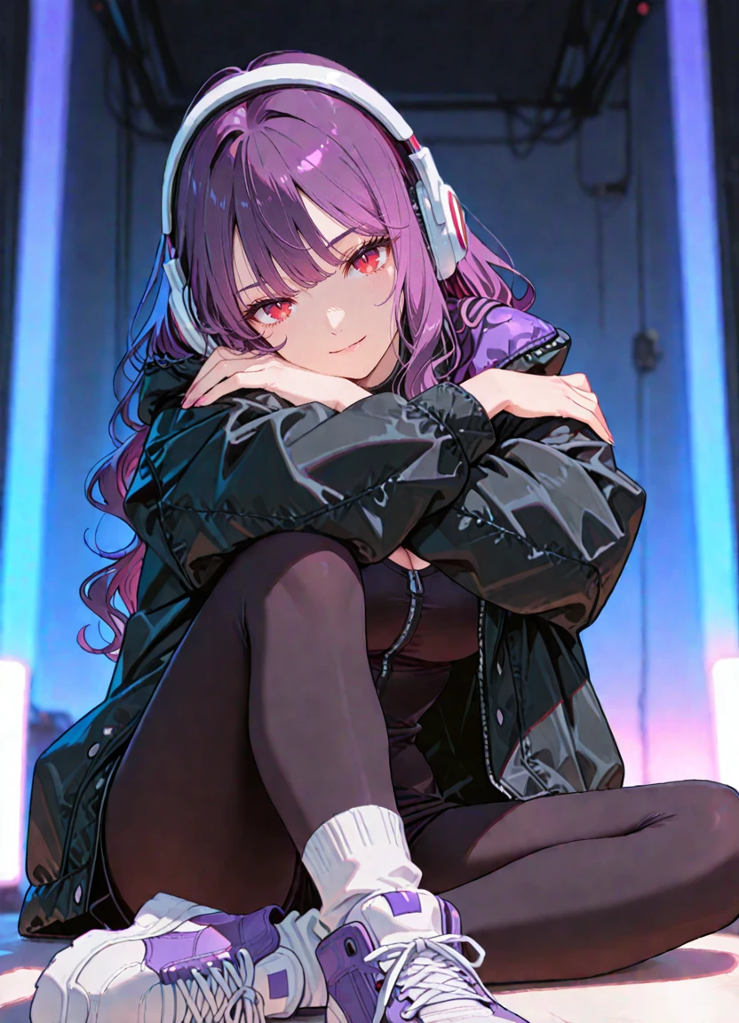 1girl, solo, portrait, (look at viewer), sitting, black jacket, puffer jacket, white socks, high socks, black leggings, dynamic pose, white headphones, medium breasts, purple hair, red eyes, long hair, wavy hair, crossed arms, dim lighting, white and purple sneakers, banned artist, looking at viewer, sexy, light smile,
masterpiece,best quality,amazing quality,very aesthetic,absurdres, newest, depth of field,