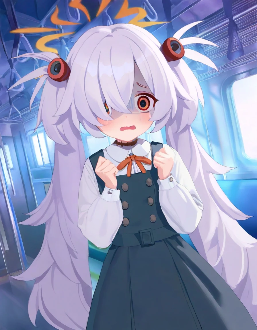 kanoe\(blue archive\),<lora:kanoe_xl_v1.2:1>,<lora:BAstyle_v2:0.8>,(artist:ningen_mame:0.9),(artist:sho_(sho_lwlw):0.9),(artist:rhasta:0.9),(artist:wlop:0.7),(artist:ke-ta:0.6),(fkey:0.5),(fuzichoco:0.6),artist:chen bin,(hyouuma:0.85),looking_at_viewer,full_shot,1girl,solo,red bowtie,twintails,silver hair,very long hair,gloom \(expression\),wavy mouth,bereaved girl,train interior,very awa,masterpiece,best quality,year 2024,newest,highres,absurdres,best quality,amazing quality,very aesthetic,absurdres,