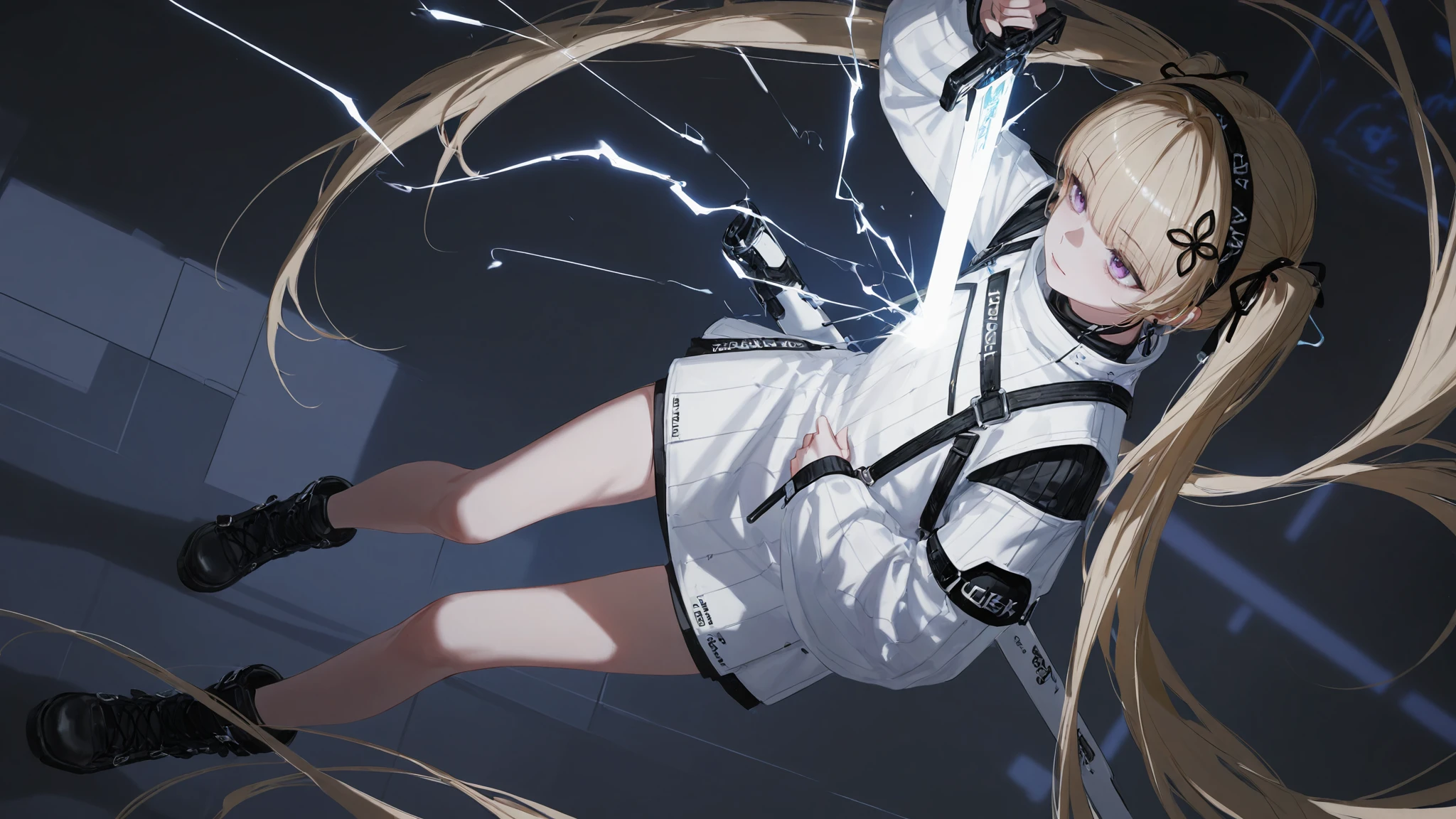 geometric background,
color art,intricate details,high contrast,detailed background,beautiful detailed,
1girl,solo,facing up,electricity,floating hair,(holding sword:1.2),human scabbard,
neon lights,glowing katana,holographic circuits,
vibrant colors,cinematic lighting,high-tech accessories,futuristic vibes,ready to draw,scabbard,(dynamic pose:1.2),thunder sword,1girl,solo,
oil painting,impasto,highres,extremely detailed 8k wallpaper,illustration,depth of field,great quality,masterpiece,best quality,amazing quality,very aesthetic,absurdres,wallpaper,detail eyes,
artist:dino_(dinoartforame),artist:konya_karasue,(artist:nixeu:0.8),(artist:wlop:0.5),artist:ciloranko BREAK
Dark fantasy style,(dynamic angle:1.1),neon lights on background,black light,close-up,foreshortening,from_above,portrait,head up,
<lora:é:1>,Lin,blonde hair,blunt bangs,golden hair,purple eyes,twintails,very long hair,
Linyifu,Linyifu legs,Linyifu black hairband,Linyifu black boots,hair ribbon,Linyifu high-necked clothes,Linyifu long sleeves,Linyifu black long earring ribbon,white long clothes,