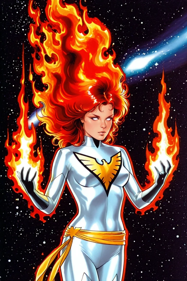 WhitePhoenix,1girl, solo, , white eyes, no pupils, long hair, elbow gloves, floating hair, blank eyes, , gloves, red hair, lips, , bubble, air bubbleretro artstyle, traditional media, 1980s \(style\),  white , 1970s \(style\), lips, long hair, star \(sky\), fiery hair, science fiction,  fantasy, aura, magic, fire, galaxy, white eyes, , superhero, western comics \(style\)