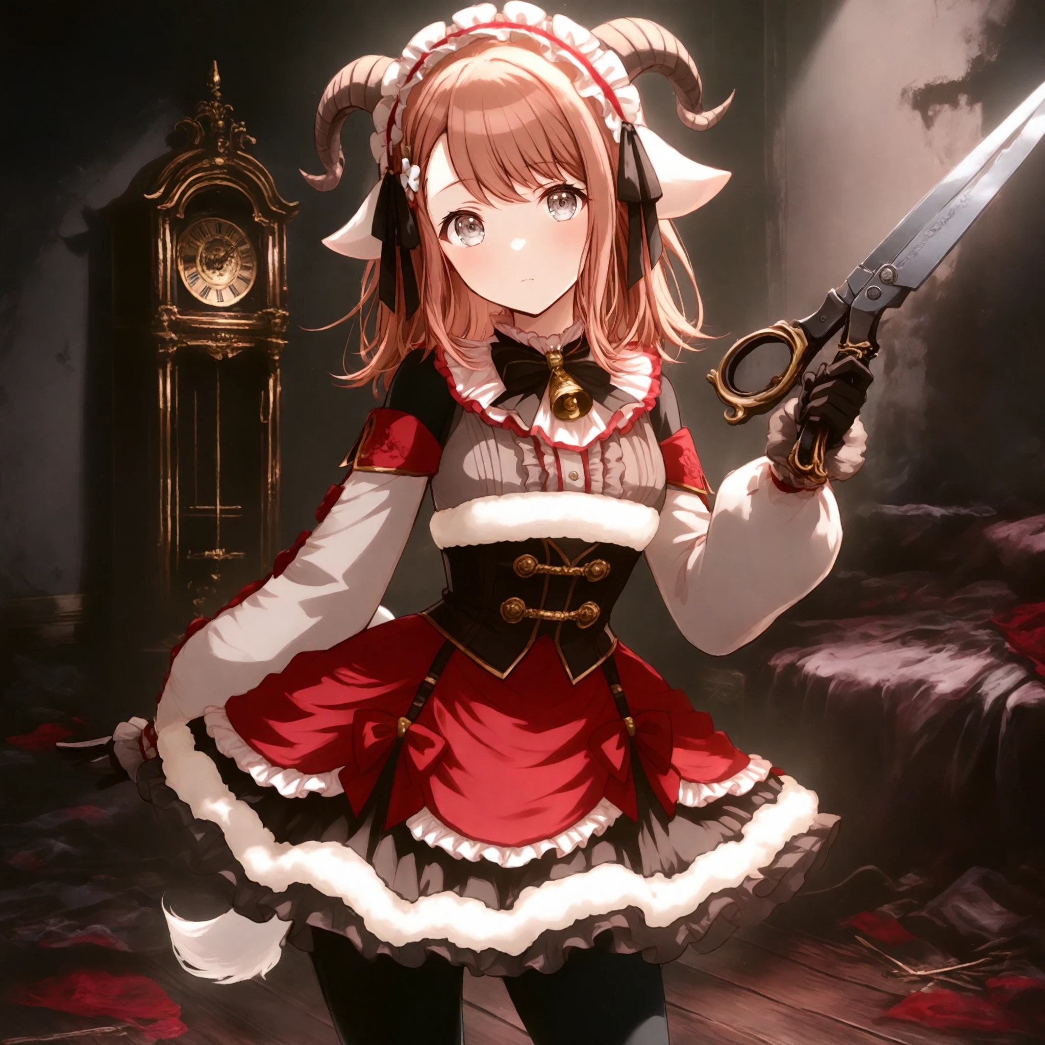 1girl, hanasato minori, project sekai, solo,
babygoat, grey eyes, detailed eyes, braind, brown hair, expressionless,
looking at viewer, standing, contrapposto, holding huge scissors with both hands, four fingers and thumb, cowboy shot,
black gloves, tail, frilled hairband, puffy long sleeves, black bow, frilled dress, black bowtie, black footwear, black ribbon, black pantyhose, curled horns, animal ears, fur trim, red bow, red dress, frilled skirt, red skirt, bell,
dark, dark atmosphere, midnihgt, messy room, wooden floor, large grandfather clock,
nijistyle, jwst, masterpiece, amazing quality, very aesthetic, ultra detailed, highres,
<lora:hand 5.5:1>, <lora:ObIL-style-nijistyle02:0.7>, <lora:ObIL-style-JWST02:0.3>,
<lora:ObIL-mmj-BabyGoat01:0.7>