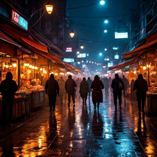 A bustling night market in Bangkok, glowing lanterns reflecting on wet pavement after rain, crowds moving through colorful stalls, steam rising from street food vendors, neon lights blending with warm street lamps, hyperrealistic textures, cinematic lighting, shallow depth of field