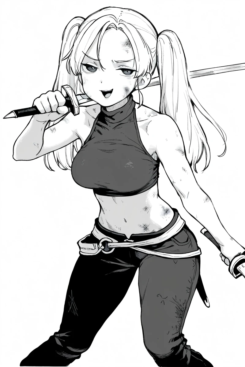 masterpiece, best quality, amazing quality,
 <lora:KubikiriV2_IL:1> kubikiri, 1girl, greyscale, monochrome, solo, twintails, long hair, holding, weapon, smug, pose, open mouth, navel, midriff, pants, holding weapon, crop top, bare shoulders, holding sword, turtleneck, fantasy rogue, stance, breasts. dirty, bruise