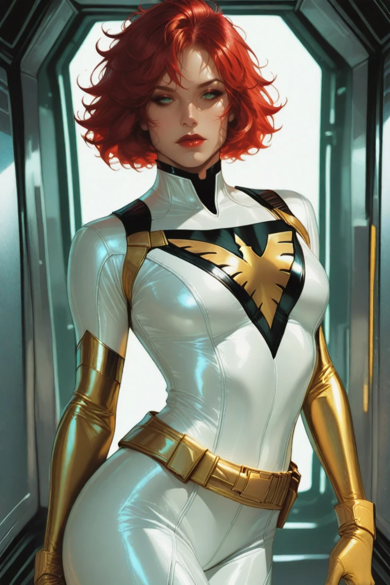 WhitePhoenix, 1girl, solo, red hair, realistic, short hair,  messy hair, gloves, , makeup, yellow gloves, cosplay, elbow gloves, lipstick, superhero, looking at viewer, white , green eyes, red lips, , cosplay, masterpiece,best quality,amazing quality