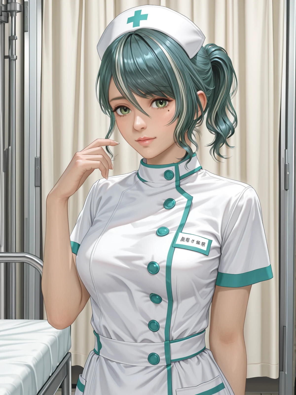 tamaki \(doax vv\),streaked hair,short ponytail,green eyes,mole under eye,nurse,