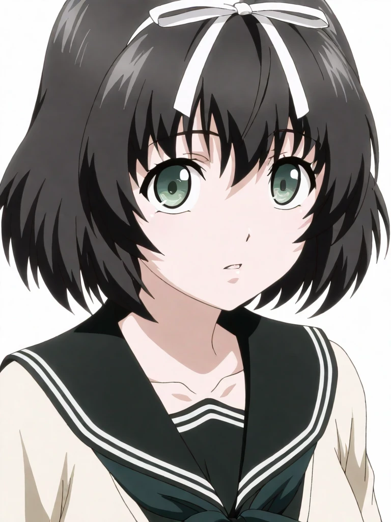 masterpiece,high score,great score,absurdres,anime coloring,looking at viewer,solo,portrait,white background,<lora:KanaeHokari hassakuill30:1> kanaehokari, black hair, short hair, hair ribbon, green eyes,serafuku,