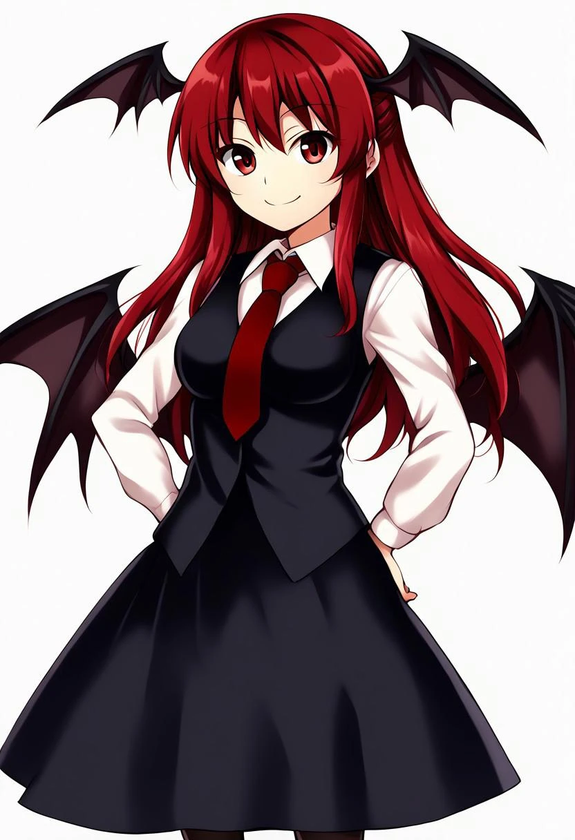 ((harukawa moe style)), ((white background)), ((black contour)), ((solo)), (1girl), posing, smile, koakuma, closed mouth, red eyes, red hair, long hair, sidelocks, medium breasts, bat wings, black dress, black pantyhose, black skirt, black vest, dress, head wings, long sleeves, multiple wings, necktie, pantyhose, red necktie, shirt, skirt, vest, white shirt, wings,