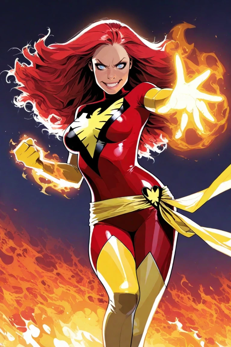 a piece, worst quality, not very good, least aesthetic, DarkPhoenix, 1girl, solo, long hair, bbw, , looking at viewer, thighhighs, gloves, , blue eyes, red hair, boots, elbow gloves, lips, , makeup, thigh boots, fire, clenched hand, skin tight, magic, superhero, thigh boots, yellow gloves, yellow thighhighs, red , yellow , yellow belt, phoenix symbol, yellow waist ribbon, red , yellow boots, outdoors, backlighting, side lighting,  comic art style, angry, smile, teeth