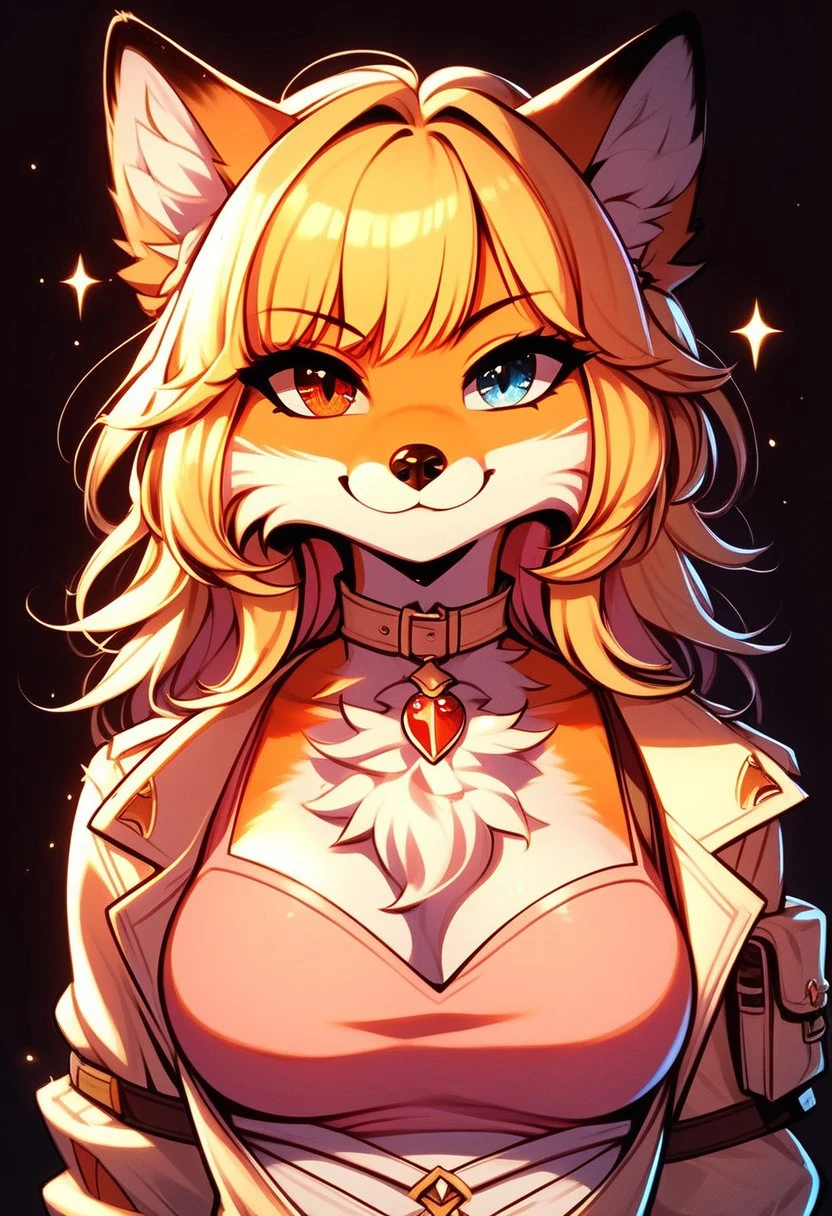 score_9, score_8_up, score_7_up, score_6_up, score_5_up, score_4_up, solo, rating_safe,
1girl (akai hime, heterochromia, red left eye, blue right eye, female, fox, wild assault, pink paw pads, yellow hair, anthro, anthro fox, open eyes, closed mouth, smug grin, looking at viewer), masterpiece, insane quality, dark background with sparkles, MegaFluffyPony, furry, fluffy