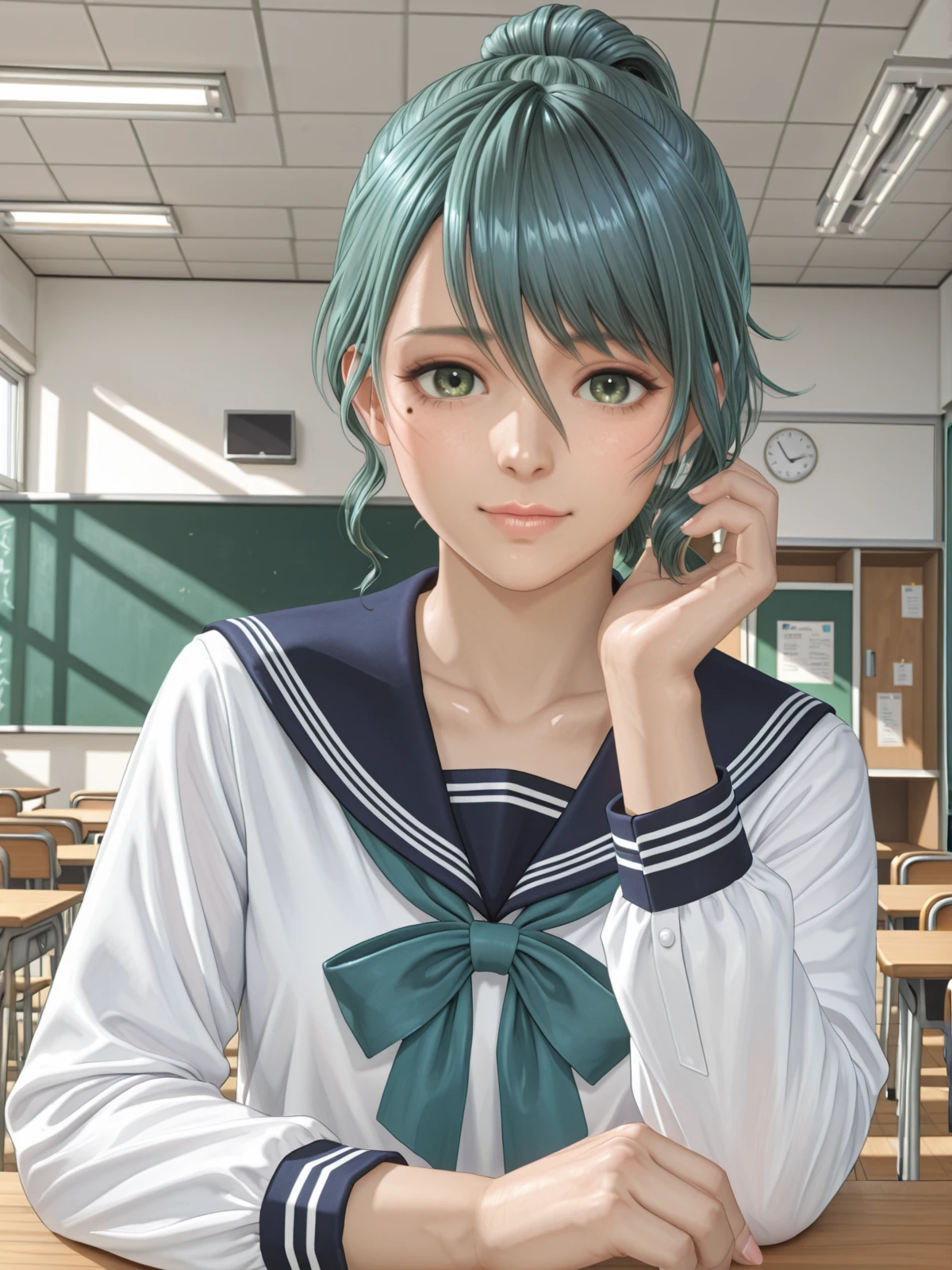 tamaki \(doax vv\),short ponytail,green eyes,mole under eye,serafuku,classroom,