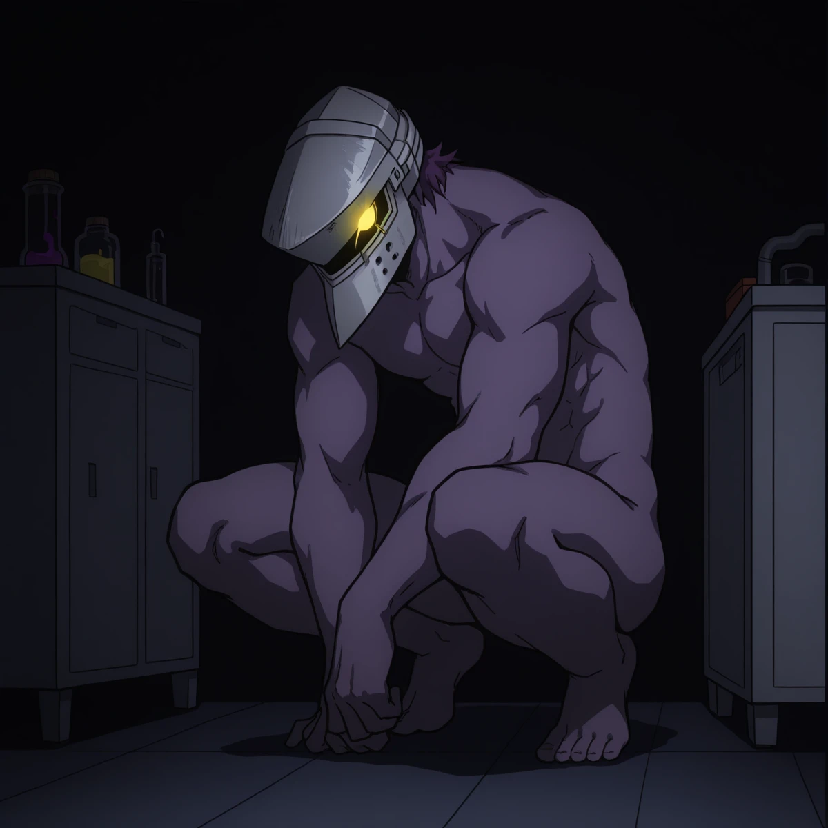 masterpiece, best quality, official style, 1male,  male focus, male body, nude, BREAK <lora:RoboNomu:1> RoboNomu, Nomu,, Dark Purple Skin, Metal Helmet, Yellow Glowing Eyes, full body, lab room, dark, tube, liquid <lora:My_Hero_Academia_Illustrious_X1_1024_SD8:1.0> no hair,