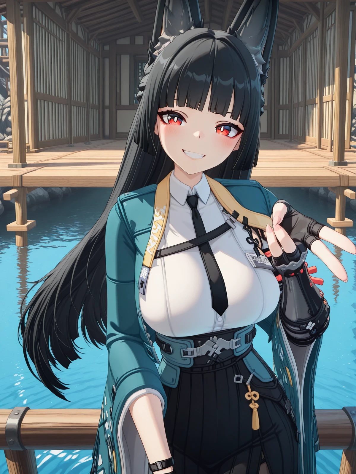 masterpiece, best quality, amazing quality,, <lora:zzz-miyabi-hoshimi-ingame-illustriousxl-lora-nochekaiser:1>, miyabi hoshimi, hoshimi miyabi, animal ear fluff, animal ears, black hair, bright pupils, fox ears, fox girl, half updo, long hair, red eyes, sidelocks, white pupils, mature female, large breasts, 3d, asymmetrical gloves, black gloves, black necktie, black skirt, blue jacket, collared shirt, fingerless gloves, gloves, high-waist skirt, jacket, long skirt, necktie, shirt, side slit, single fingerless glove, skirt, white shirt, wide sleeves,, <lora:gyaru-v-illustriousxl-lora-nochekaiser:1>, gyaruv, solo, looking at viewer, blush, smile, upper body, teeth, grin, v,, stilt house, tall, water, unique, support, cowboy shot, solo, looking at viewer,