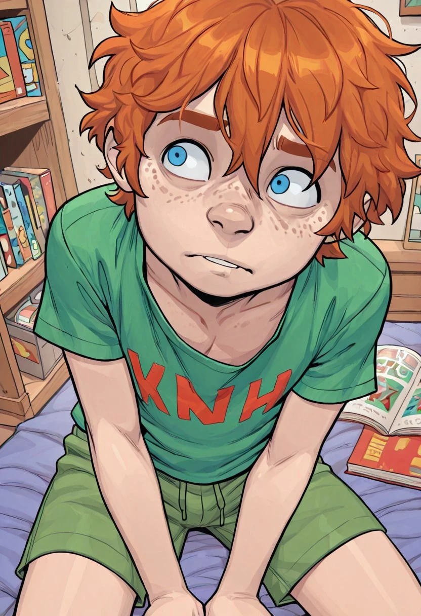 1boy, male focus, solo, Bailey Briggs, orange hair, Ginger Hair, Messy Hair, freckles, blue eyes, t-shirt, shorts, bedroom, messy bedroom, comic book coloring, vibrant colors, masterpiece, best quality, amazing quality, very aesthetic, absurdres, newest, detailed background, cute boy, very awa