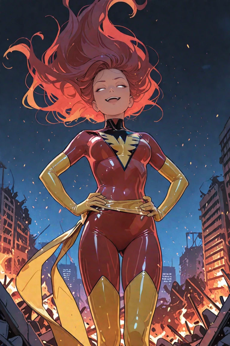 masterpiece, best quality, DarkPhoenix, long hair, white eyes, red hair, glowing eyes, no pupils, yellow sash, skin tight, red , latex, yellow gloves, city, destruction, rubble, night, open mouth,smug, half closed eyes, light particles, fire, embers, floating hair, hands on own ,  from below, looking at viewer