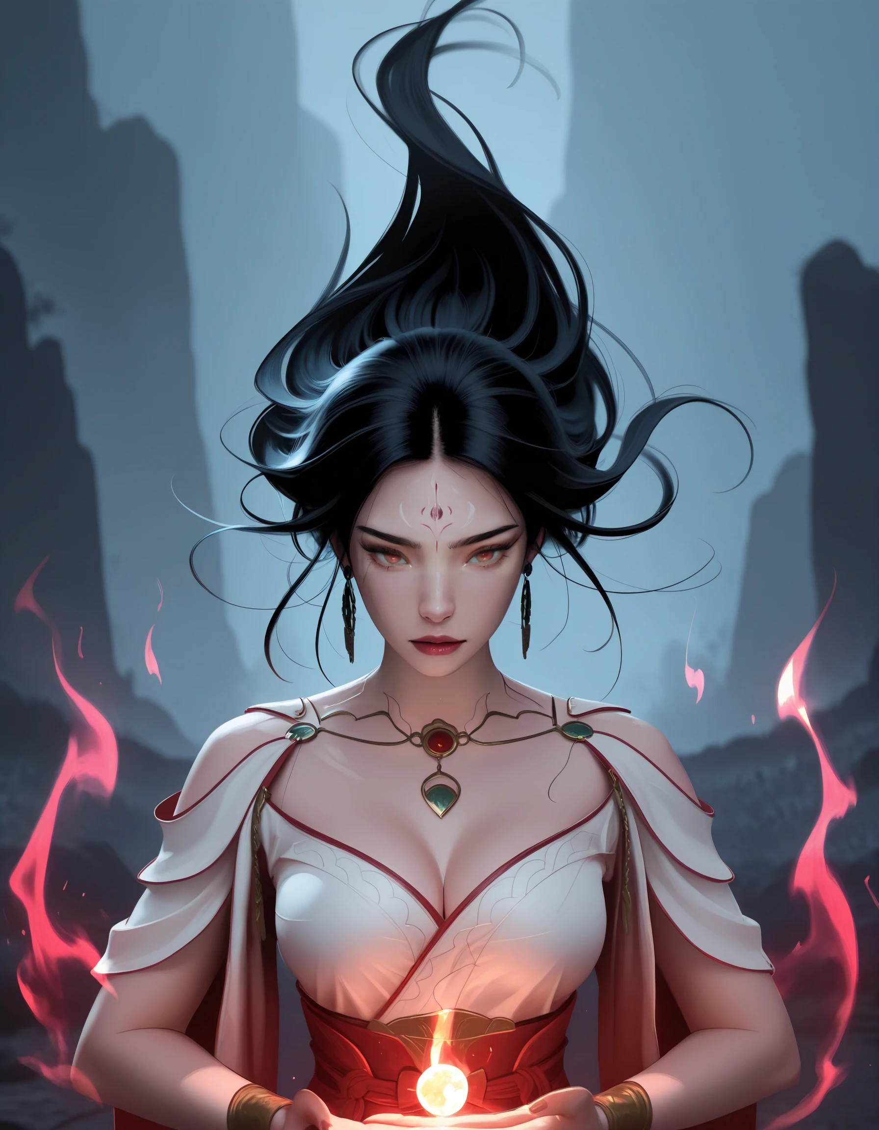 SmoothNoob_Quality, masterpiece, best quality, newest, absurdres, highres, very awa, very aesthetic, ultra-detailed, vivid, philtomato, 1girl, long hair, black hair, earrings, red eyes, hongdie, renegade immortal, facial mark, upturned eyes, graceful, aura, meditation, floating_hair, floating, <lora:PhiltomatoILL:1> <lora:Hong_Die_-_Red_Butterfly_Renegade_Immortal-000012:0.7>