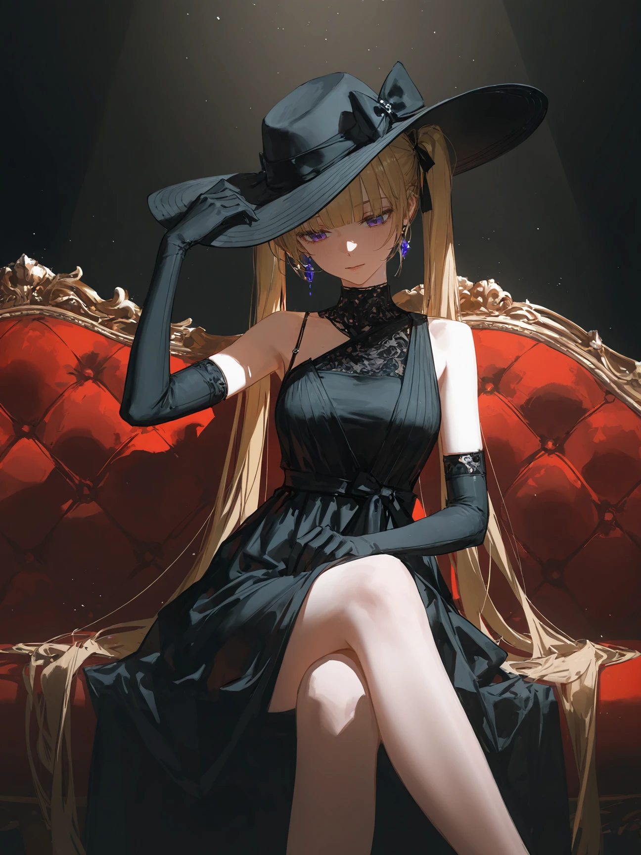 solo,1girl,hat over eyes,wide brim hat,black hat,floppy hat,black ribbon bow,elegant dress,black dress,single strap clothing,black gloves,elbow gloves,elegant pose,tilted head,looking down,graceful pose,high class fashion,sitting on couch,victorian furniture,hand on hat,crossed legs,dynamic angle,dark background,high contrast,spotlight effect,cinematic lighting,
oil painting,impasto,highres,extremely detailed 8k wallpaper,illustration,depth of field,great quality,masterpiece,best quality,amazing quality,very aesthetic,absurdres,wallpaper,detail eyes,artist:dino_(dinoartforame),artist:konya_karasue,(artist:nixeu:0.8),(artist:wlop:0.5),artist:ciloranko BREAK Dark fantasy style,<lora:é:1>,Lin,blonde hair,blunt bangs,golden hair,purple eyes,twintails,very long hair,