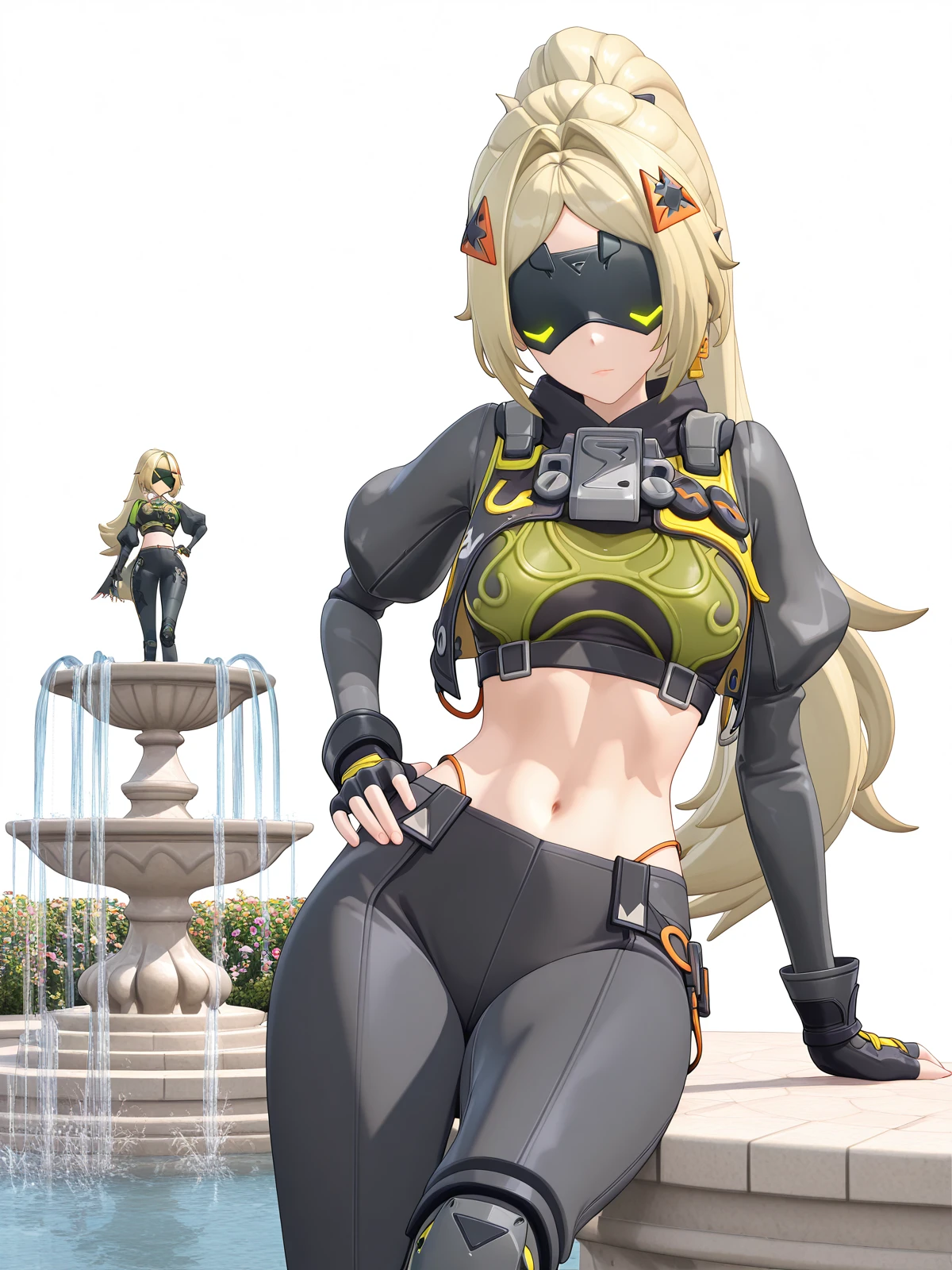 masterpiece, best quality, amazing quality,, <lora:zzz-trigger-ingame-illustriousxl-lora-nochekaiser:1>, trigger, trigger (zenless zone zero), blonde hair, covered eyes, eye mask, hair intakes, hair ornament, long hair, parted bangs, ponytail, very long hair, mature female, small breasts, 3d, black gloves, black pants, crop top, fingerless gloves, juliet sleeves, knee pads, leggins, long sleeves, midriff, navel, puffy sleeves, zipper pull tab, <lora:princess-leia-pose-illustriousxl-lora-nochekaiser:1>, princess leia pose, sitting, hand on own hip, lying, arm support, fountain, water, spray, sculpture, garden, cowboy shot, solo, looking at viewer, <lora:transparent-background-illustriousxl-lora-nochekaiser:1>, transparent background, simple background, white background