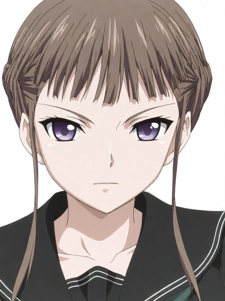 masterpiece,high score,great score,absurdres,anime coloring,looking at viewer,solo,upper_body,white background,<lora:NemuManaka hassakuill30:1> nemumanaka, brown hair, hair bun, sidelocks, purple eyes,black serafuku,