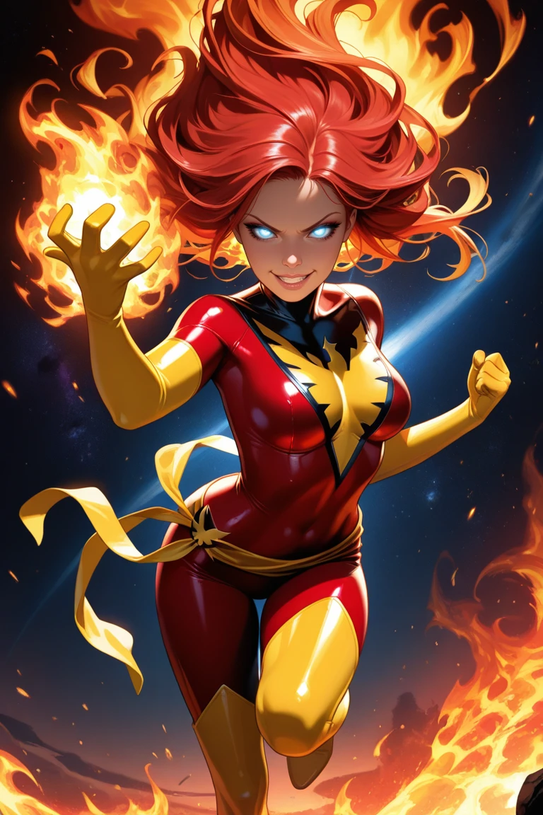 masterpiece, best quality, DarkPhoenix, 1girl, solo, long hair, looking at viewer, thighhighs, gloves, , blue eyes, red hair, boots, elbow gloves, lips, , makeup, thigh boots, fire, clenched hand, skin tight, magic, superhero, thigh boots, yellow gloves, yellow thighhighs, red , yellow , yellow belt, yellow waist ribbon, red , yellow boots, outdoors, backlighting, side lighting, very beautiful, very detailed, amazing quality, comic art style,  evil smile, clenched teeth, (glowing eyes), flying, floating hair, foreshortening, depth, space, fire