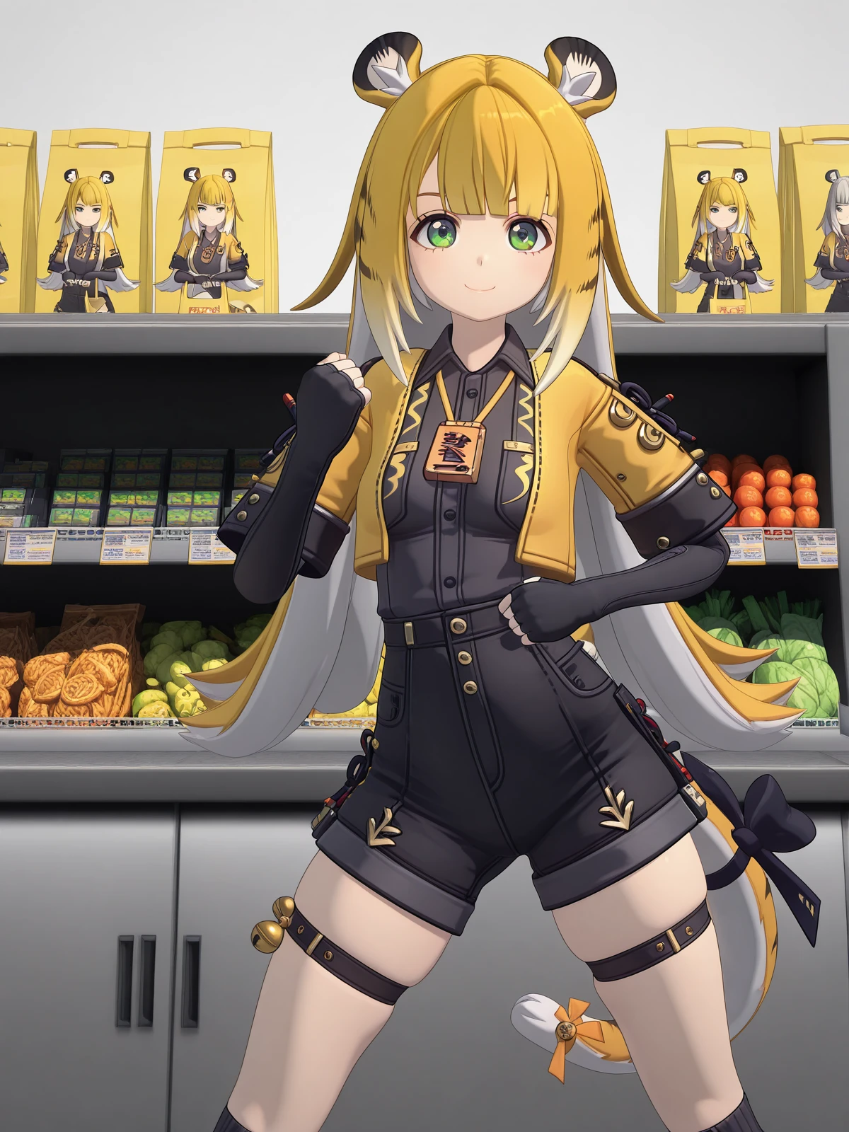masterpiece, best quality, amazing quality,, <lora:zzz-ju-fufu-ingame-illustriousxl-lora-nochekaiser:1>, ju fufu, animal ears, blonde hair, colored inner hair, green eyes, grey hair, white hair, very long hair, tiger girl, tiger ears, tiger tail, mature female, , 3d, bell, black bow, black gloves, black shorts, collred shirt, elbow gloves, fingerless gloves, jacket, kneehighs, shirt, , tail bow, tail ornament, thigh strap,, <lora:giorno-giovannas-pose-illustriousxl-lora-nochekaiser:1>, giorno giovannas pose, giorno giovanna's pose (jojo), jojo pose, hand up, clenched hand, hand on waist, smile, looking at viewer, cowboy shot,, grocery store, cashier, shopping bag, scanning items, small talk, everyday routine, cowboy shot, solo, looking at viewer,