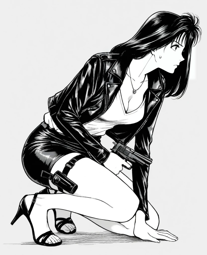 masterpiece, best quality, hatching \(texture\), <lora:shima_ryokoV5:1> , 1girl, shima ryoko, long hair, black hair, leather jacket, white shirt, shirt tucked in,necklace, pencil skirt, thigh holster, cleavage, perky , , (curvy:0.6), simple background, on one knee, handgun up, open toe heels, looking to the side, peek, leaning forward, hand on floor, from side, greyscale,sweatdrop, face shade