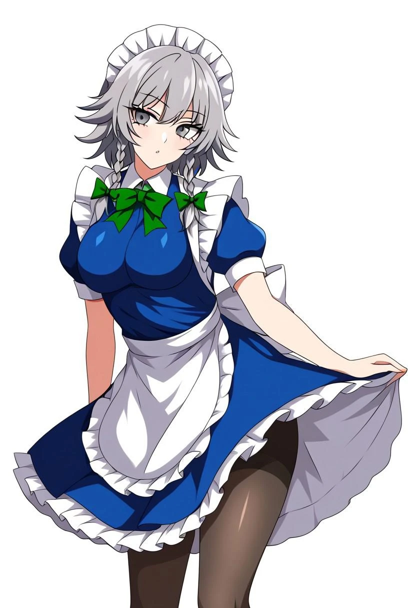 ((ssaf style)), ((white background)), ((black contour)), ((solo)), (1girl), posing, (neutral gaze), ((grey hair)). ((grey eyes)), ((izayoi sakuya)), ((maid headdress,)), braid, twin braids, green bow, hair bow, bangs, ((maid)), puffy sleeves, short sleeves, apron, blue dress, pantyhose