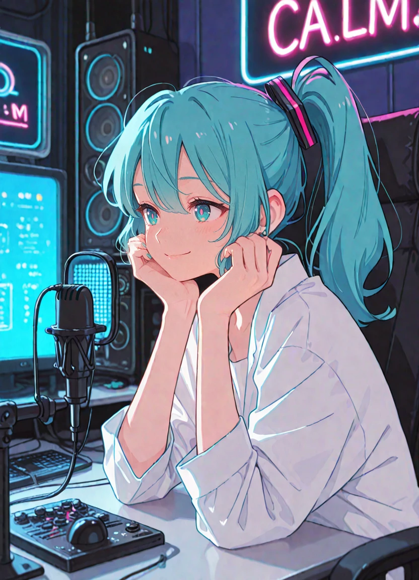 1girl, Hatsune Miku, ponytail, calm expression, gentle smile, speaking into a microphone, hint of melancholy. Nighttime setting, neon signs glowing, inside a broadcasting studio, radio atmosphere,
masterpiece,best quality,amazing quality,very aesthetic,absurdres, newest, depth of field,