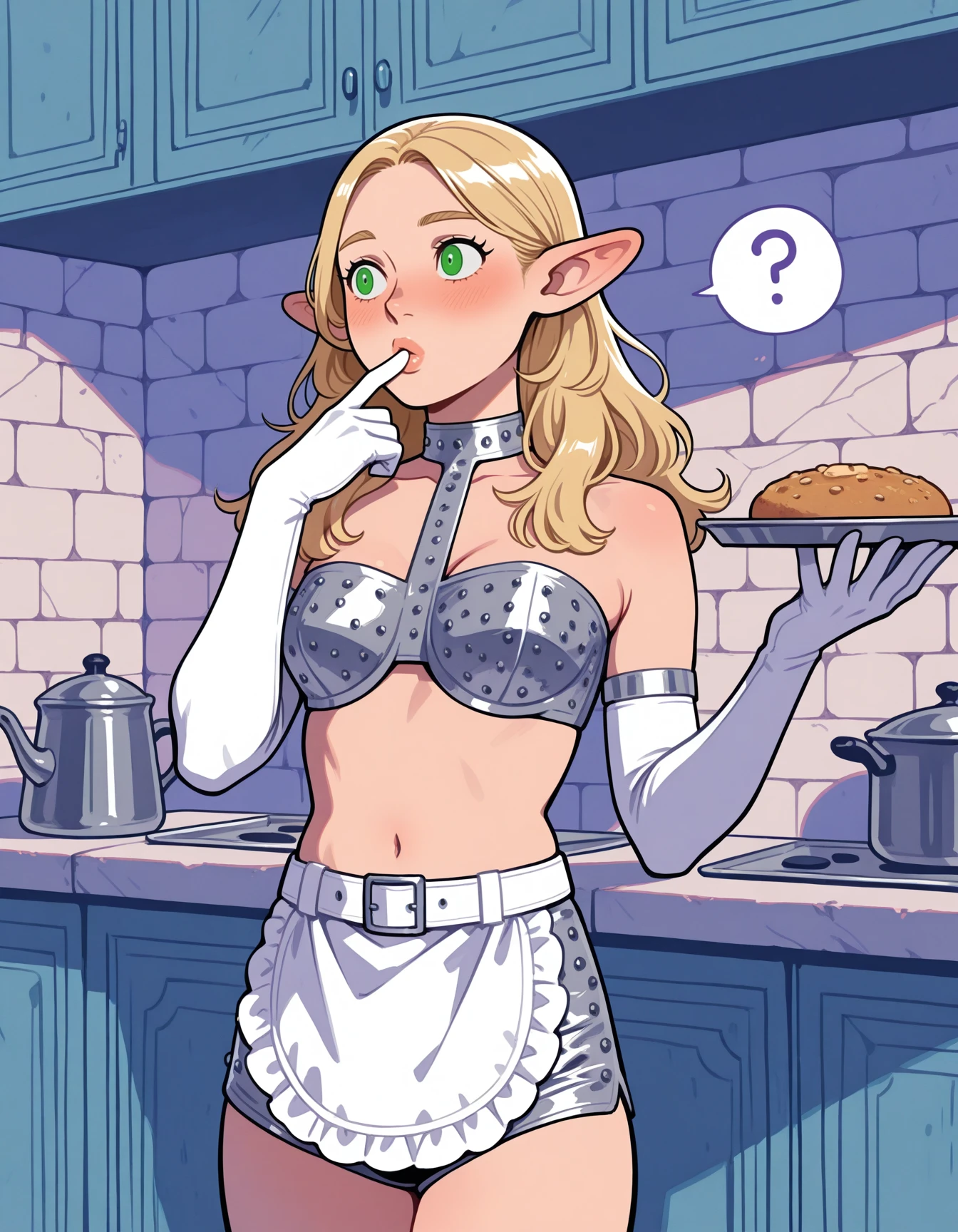 1girl, solo,  marcille donato \(dungeon meshi\) ,silver halterneck, (studded clothing), belt, short shorts, stone walls,  cowboy shot,  lips, nose, white elbow gloves, armlet, cowboy shot, midriff, navel, kitchen, waist apron,  holding food, curious, spoken question mark, finger to mouth, tray, <lora:Style_ecstatic-Wonderkind-ILXL:1> CW-Illu masterpiece, best quality, very aesthetic, newest