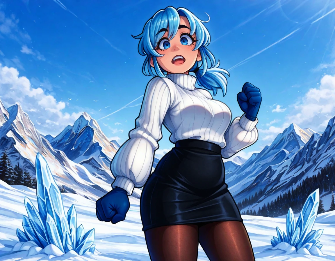1girl, 
<lora:Obsqured_Style_LoRA:1.2> 0bsqur3d,
1girl, blue hair, solo, skirt, clenched hand, short ponytail, open mouth, sky, outdoors, blue sky, pantyhose, miniskirt, day, black skirt, looking at viewer, , pencil skirt, long sleeves, blue gloves, medium hair, ice, cowboy shot, ponytail, blue eyes, mountain, teeth, low ponytail, white sweater, hair tie, upper teeth only
 lazypos,