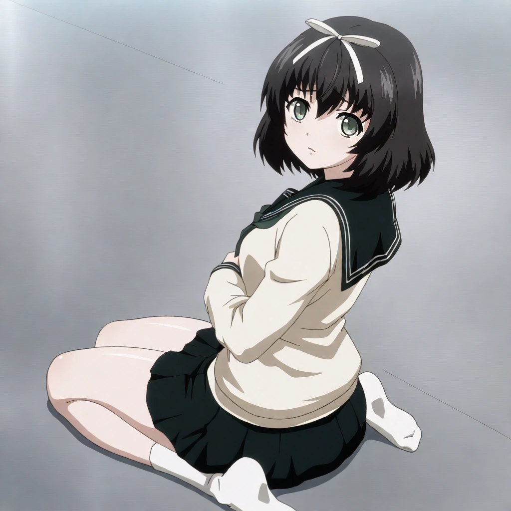 masterpiece,high score,great score,absurdres,anime coloring,looking at viewer,solo,from back,<lora:KanaeHokari hassakuill30:1> kanaehokari, black hair, short hair, hair ribbon, green eyes,serafuku,skirt,white socks,