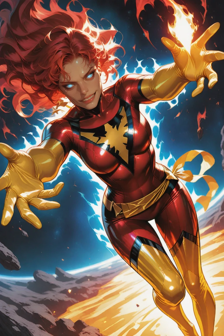 masterpiece, best quality, DarkPhoenix, solo, pov, dutch angle, 1girl, solo, long hair, looking at viewer, thighhighs, gloves, , blue eyes, red hair, boots, elbow gloves, lips, , makeup, thigh boots, fire, clenched hand, skin tight, magic, superhero, thigh boots, yellow gloves, yellow thighhighs, red , yellow , yellow belt, yellow waist ribbon, red , yellow boots, outdoors, backlighting, side lighting, very beautiful, very detailed, amazing quality, comic art style, evil smile, clenched teeth, (glowing eyes), flying, floating hair, foreshortening, depth, space, fire, outstretched arms, magic, aura, laying, on back, outstretched arms, biting lip, ahoge, sweat, bedroom scene