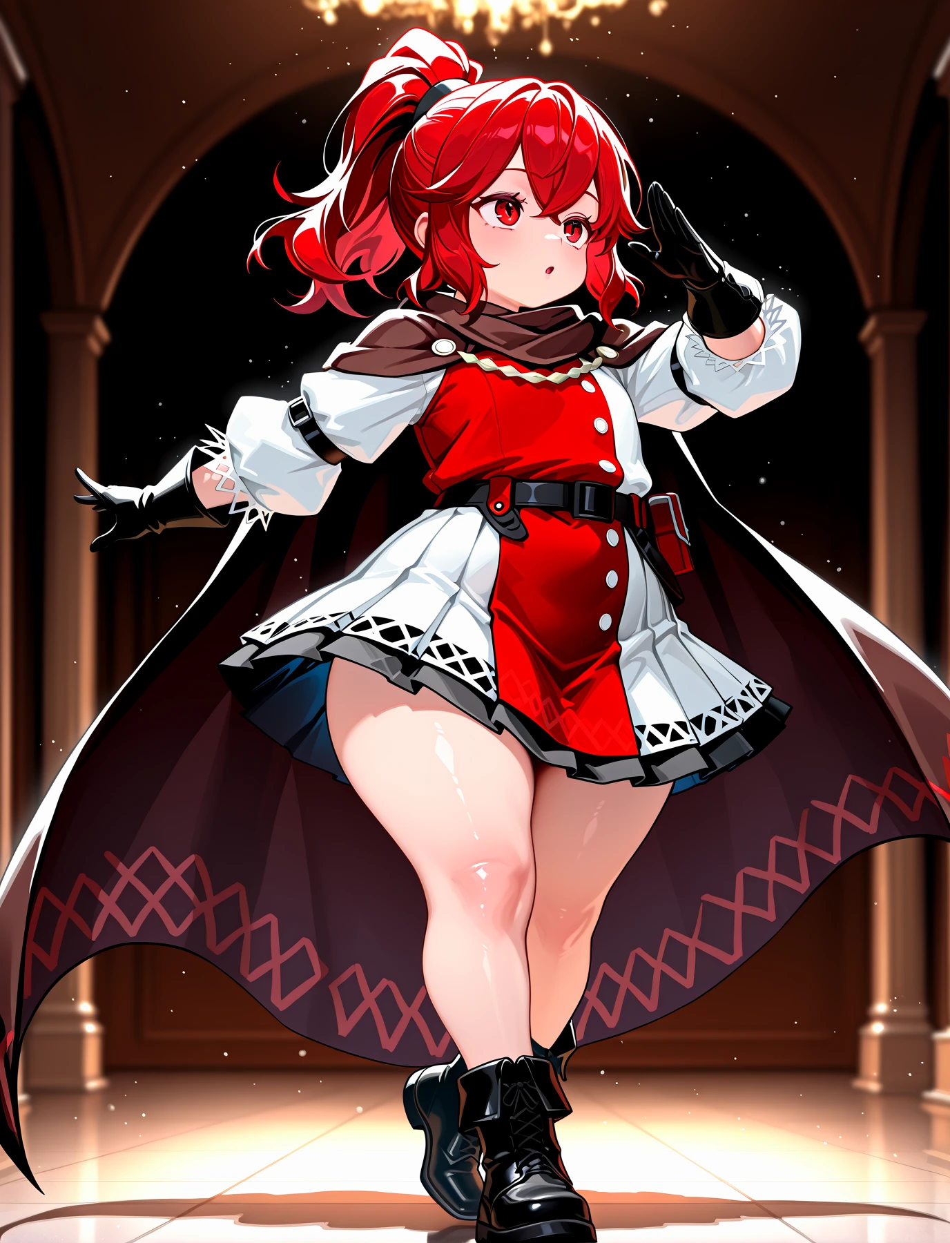 full body, dynamic pose, dancing, 1girl, solo,
<lora:LECO-mature_female_XL(ill)v11:1> , <lora:Curvier:1>plump, thick thighs, wide hips, curvy,
<lora:AnnaEngage:1> AnnaENG, red hair, red eyes, hair between eyes, sidelocks, bangs, high ponytail, BaseOutfit, two tone dress, long juliete sleeves, black gloves, arm guards, black belt, pounch, lace trim dress, bare legs, black boots, brown cape,, IllusP0s, masterpiece, best quality, amazing quality, very aesthetic, absurdres, newest, Smooth_Quality