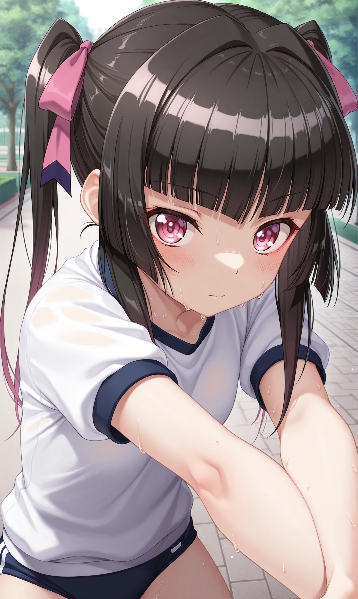 1girl, solo, masterpiece, best quality, amazing quality, street, park, looking at viewer, close-up, buruma, short sleeves, gym uniform, sweat,stretching  <lora:tsukuyomi_shirabe_illust_scarxzys:1>,  sidelocks, tsukuyomi shirabe, pink eyes, black hair, blunt bangs, twintails,  hair ribbon,
